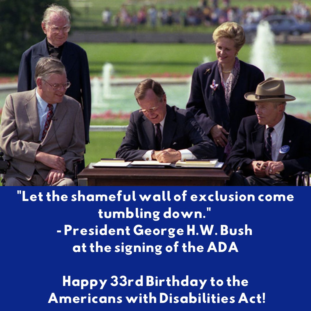 AAPD's tweet image. 33 years ago, President George H.W. Bush signed the Americans with Disabilities Act into law. He is pictured here with disability advocates, including AAPD founder Justin Dart (right, wearing a hat).
