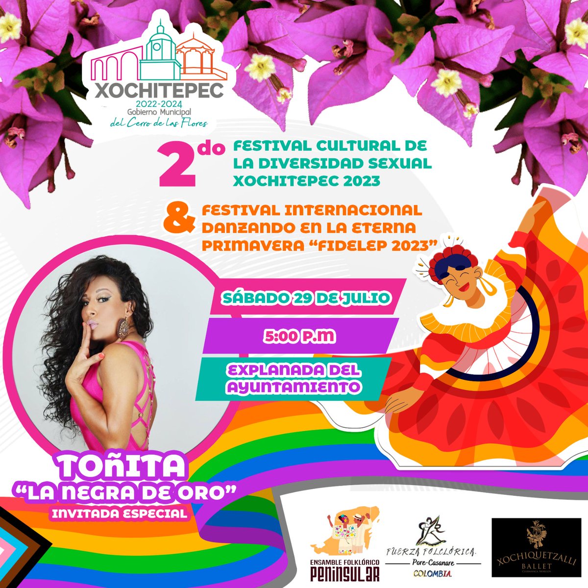 Explanada Municipal de Xochitepec Morelos, este sábado 29 a las 5 p.m. El evento 2do. Festival Cultural de la Diversidad Sexual Xochitepec 2023. 
Ahí nos vemos !!!!!
#Toñitalanegradeoro