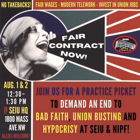 Unionized staff at <a href="/SEIU/">SEIU</a> have been working under an expired contract for THREE HUNDRED AND THIRTY FIVE DAYS. Starting next month, we’re taking to the streets for practice pickets to demand <a href="/MaryKayHenry/">Mary Kay Henry</a> and <a href="/aprildverrett/">April Verrett</a> bargain in good faith. #UnionsForAll starts at home! #1u