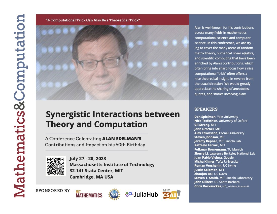 LoVVgE's tweet photo. En route to #ASE60, starting tomorrow @MIT_CSAIL 32-141! We have an amazing lineup of talks covering topics in random matrix theory, numerical linear algebra, high-performance & parallel computing -- the fields that Alan loves and has a deep influence on. Join us!" @MITMath https://t.co/iFHrDUpXrm