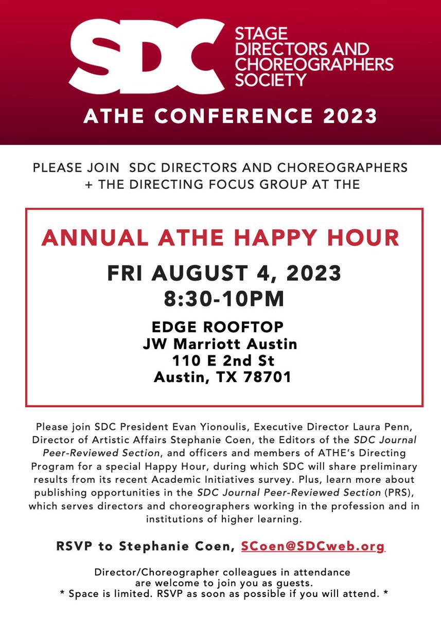 ATHE Directing (@athe_directing) on Twitter photo Excited to see everyone at #ATHE23 #ATHE2023 next week! Don't forget to check out our annual social hosted by <a href="/SDCweb/">SDC | Stage Directors and Choreographers Society</a> w/ Directing FG at <a href="/ATHE_Theatre/">ATHE</a>, Friday the 4th! Please RSVP to reserve your drink tickets and a seat at the Edge Rooftop Bar! RSVP to scoen@sdcweb.org Excited to see everyone at #ATHE23 #ATHE2023 next week! Don't forget to check out our annual social hosted by <a href="/SDCweb/">SDC | Stage Directors and Choreographers Society</a> w/ Directing FG at <a href="/ATHE_Theatre/">ATHE</a>, Friday the 4th! Please RSVP to reserve your drink tickets and a seat at the Edge Rooftop Bar! RSVP to scoen@sdcweb.org
