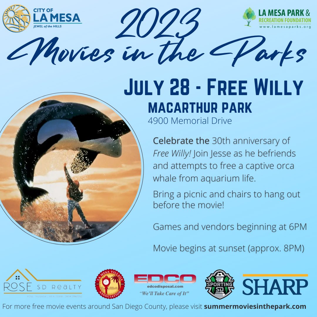 Join us Friday, July 28 at MacArthur Park for the screening of Free Willy.

#lamesaparks @countyofsandiego #moviesinthepark @cityoflamesa @lamesacommunityrec