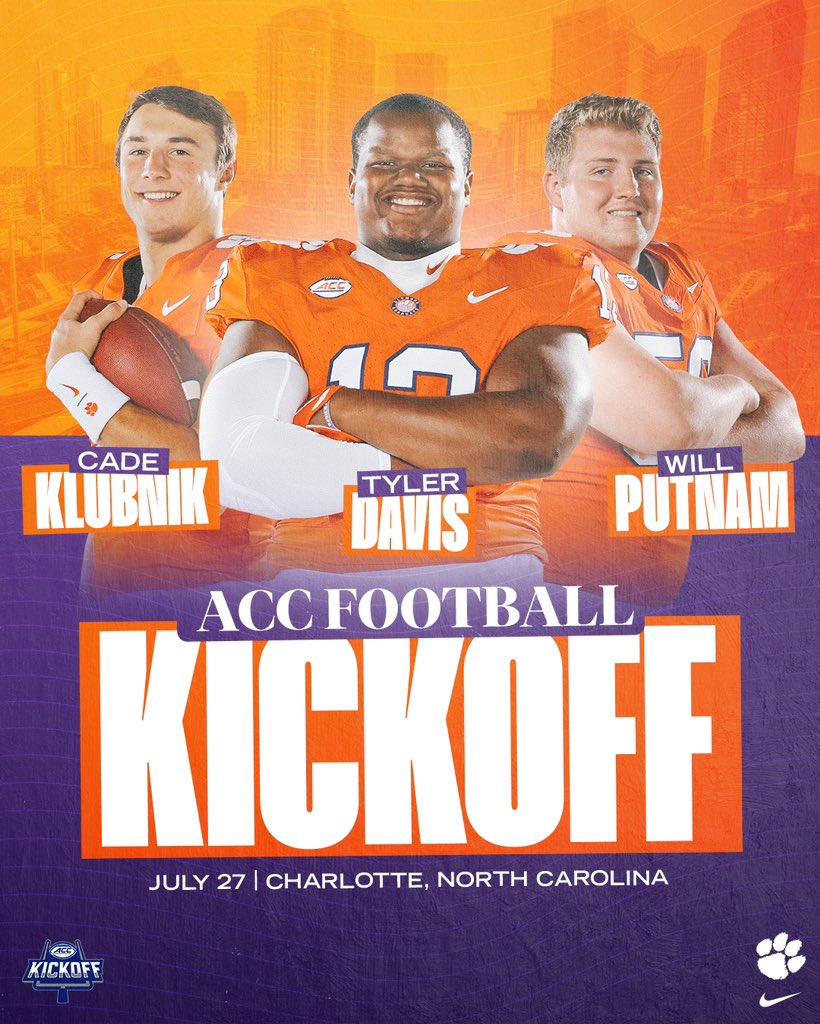 Our starting lineup for ACC Football Kickoff tomorrow. Coach Swinney, Cade, Tyler and Will will hit the press conference stage at 11 a.m. ET Thursday. PRESS CONFERENCE LINK: clemsontigers.com/2023ACCKickoff