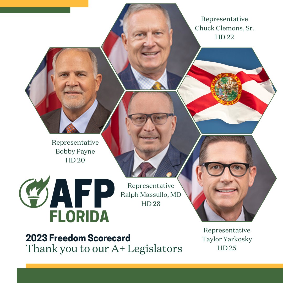 AFPFlorida's tweet photo. Thank you, Florida State Representatives Bobby Payne, Chuck Clemons, Ralph Massullo, and Taylor Yarkosky for being A+ champions during the transformative 2023 Legislative Session! They are strong advocates for freedom in Florida. #FlaPol #2023session #afpfl #floridascorecard https://t.co/RC9S7XrPIN