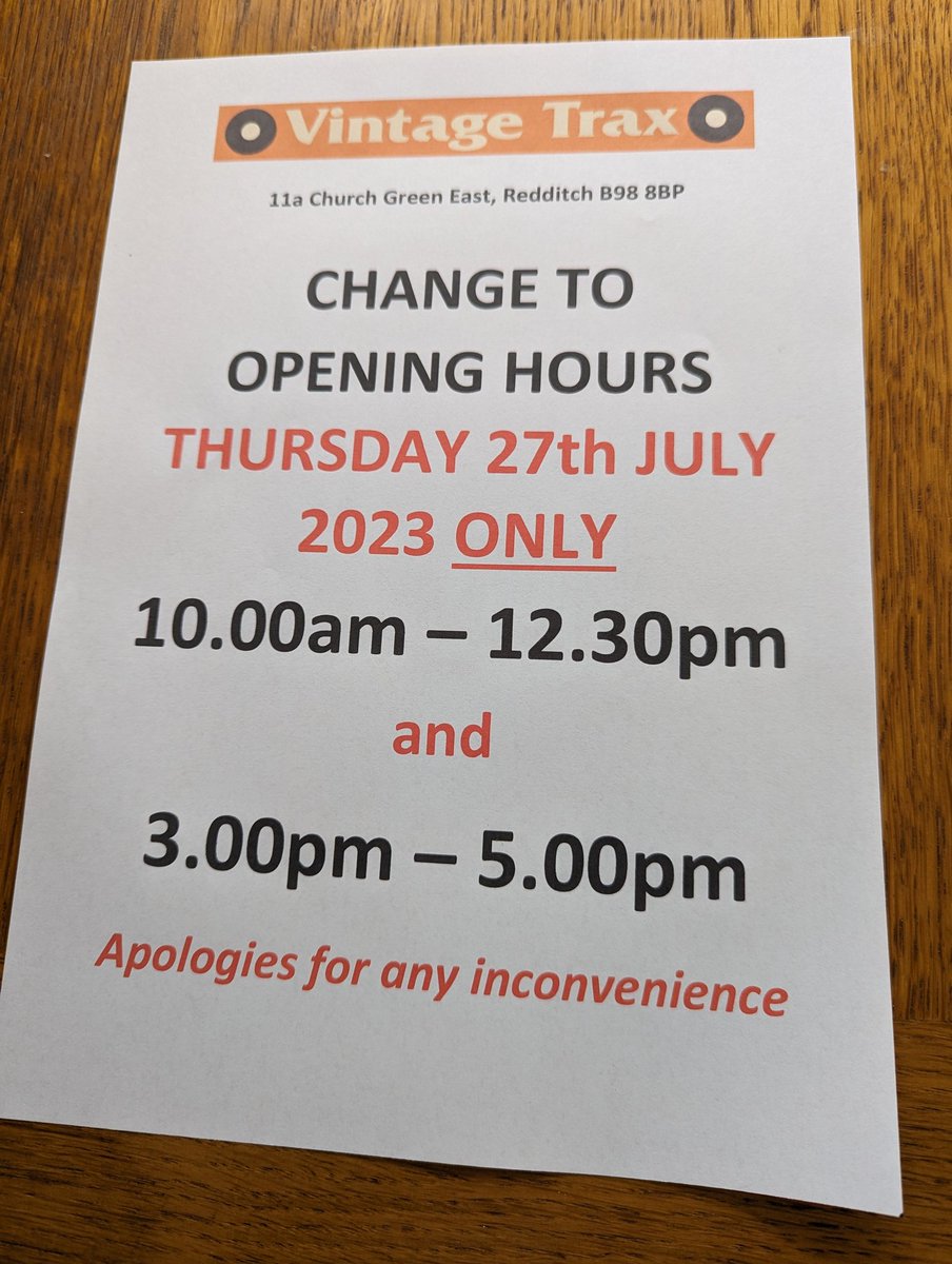 Please note our split opening hours tomorrow - and we're open until 5pm too.
#vinylrecords #redditch #Worcestershire