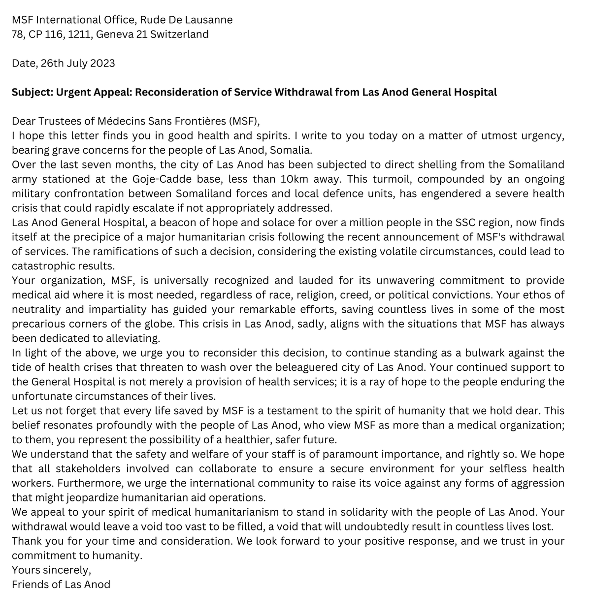 AbdullahMohamu6's tweet photo. π Urgent call to action! Email office-zuh@geneva.msf.org& ask them to #ReconsiderLasAnod. Let's show that 1000 voices can change a decision. The people of Las Anod need MSF's vital support. Together, we can make a difference! #MSFSupport #HealthForAll https://t.co/5vOkkvhqNr