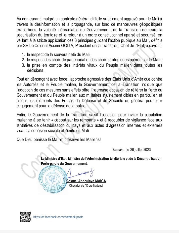 Communiqué N° 056 du 26 juillet 2023  par lequel le Gouvernement de la Transition dénonce et condamne les mesures restrictives unilatérales et extra territoriales prises par les Autorités américaines contre des hautes personnalités et valeureux officiers supérieurs maliens sur la