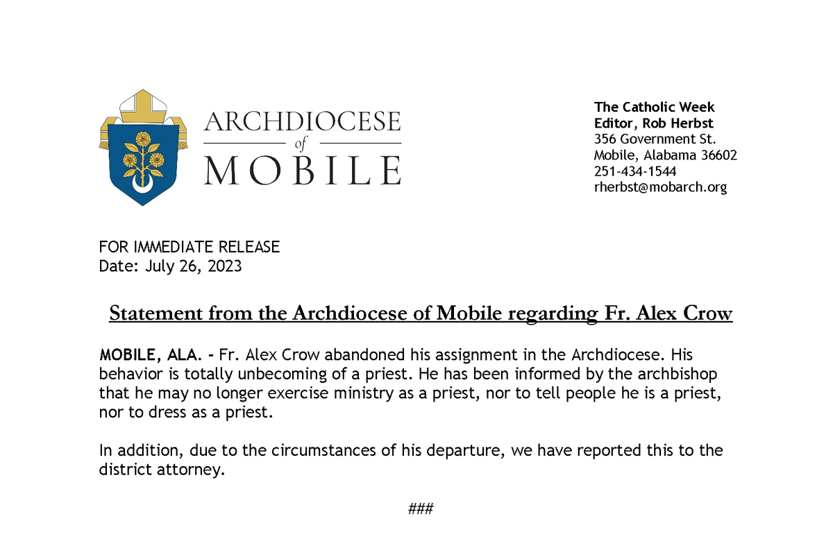 thecatholicweek's tweet photo. Statement from the Archdiocese of Mobile regarding Fr. Alex Crow. https://t.co/Z4zIAmvImn