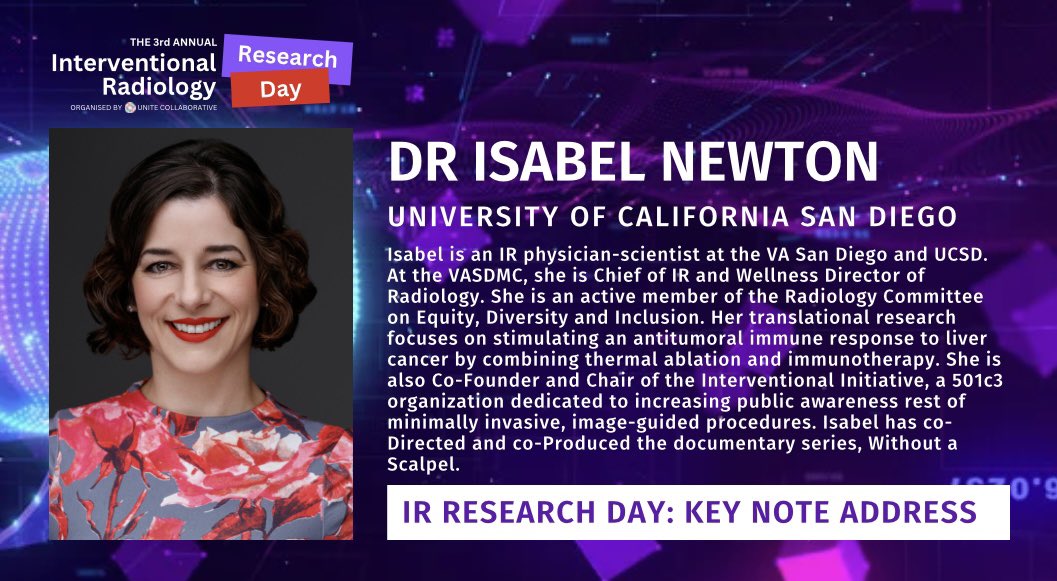 UK IR Trainee Research Collaborative (UNITE) (@iradresearch) on Twitter photo 📢 Exciting Keynote Announcement!
We are honoured to announce our keynote speaker for this year 🎉
Dr. Isabel Newton @theIIMD from <a href="/ucsd_ir/">UC San Diego Interventional Radiology</a> is co-founder of the Interventional Initiative dedicated to educating the public about minimally invasive, image-guided procedures. 📢 Exciting Keynote Announcement!
We are honoured to announce our keynote speaker for this year 🎉
Dr. Isabel Newton @theIIMD from <a href="/ucsd_ir/">UC San Diego Interventional Radiology</a> is co-founder of the Interventional Initiative dedicated to educating the public about minimally invasive, image-guided procedures.