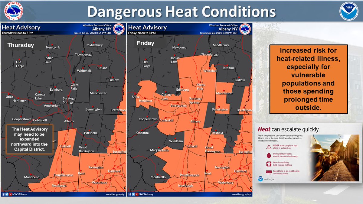 NWSAlbany's tweet photo. Dangerous Heat Thursday/Friday.
Strong to severe thunderstorms 
expected Thursday with flash flooding possible.
#nywx #ctwx #mawx #vtwx https://t.co/Qox2nRFZFf