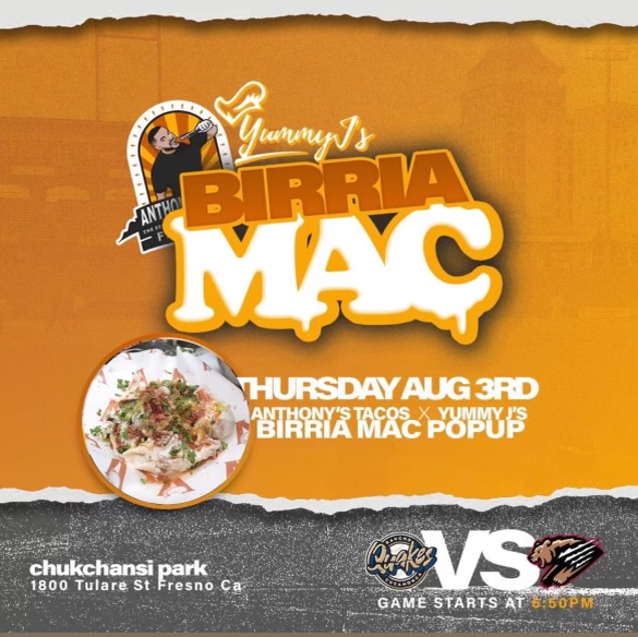 FresnoGrizzlies's tweet photo. THIS THURSDAY! 🤤

@Anthonystacos1 and Yummy J’s will be at Chukchansi Park serving up a crowd favorite - Birria Mac. 🧀 Don’t miss out! https://t.co/WgHxgDo9WH
