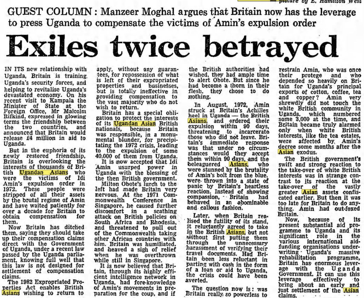 Guardian column - 2nd Sept 1983, from the excellent Manzoor Moghal.

Note: The British intelligence network in Uganda had knowledge of Amin’s coup plot but failed to inform Milton Obote, the leader of Uganda at the time, because he was seen to lurch to the political left.