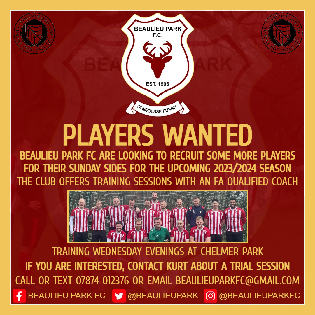 BeaulieuPark's tweet photo. ⚽️PLAYERS WANTED⚽️
Are you in or around #Chelmsford and looking for a new club to join? We are looking for some new players for our Sunday sides this season.
If you are interested then get in touch with us!
#squadbooster #playerfinder #BeaulieuPark #Essex #grassrootsfootball https://t.co/wfHn44hFkJ