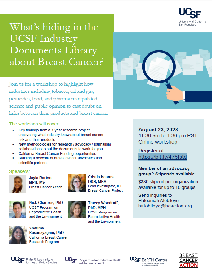Industry Documents Library (@industrydocs) on Twitter photo What’s hiding in the IDL about Breast Cancer? New workshop highlighting how industries manipulated science & public opinion to cast doubt on links between their products & #breastcancer - register now at: bit.ly/475Istd
<a href="/UCSF_IHPS/">UCSF IHPS</a> <a href="/UCSF_PRHE/">Program on Reproductive Health and the Environment</a> <a href="/BCAction/">Breast Cancer Action</a> <a href="/UCSF_EaRTH/">UCSF EaRTH Center</a> What’s hiding in the IDL about Breast Cancer? New workshop highlighting how industries manipulated science & public opinion to cast doubt on links between their products & #breastcancer - register now at: bit.ly/475Istd
<a href="/UCSF_IHPS/">UCSF IHPS</a> <a href="/UCSF_PRHE/">Program on Reproductive Health and the Environment</a> <a href="/BCAction/">Breast Cancer Action</a> <a href="/UCSF_EaRTH/">UCSF EaRTH Center</a>
