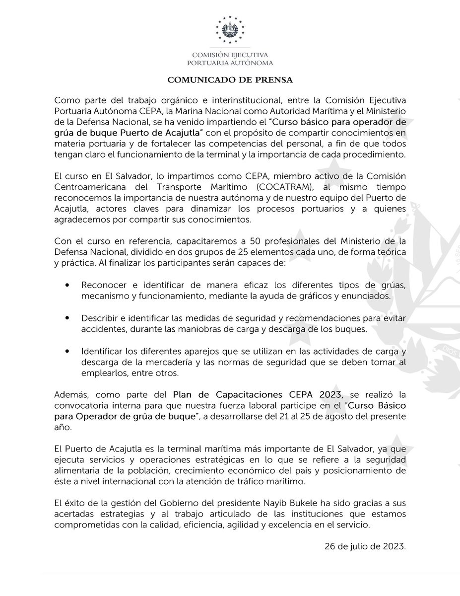 CEPASV's tweet photo. Compartimos comunicado referente al Curso básico para operador de grúa de buque que impartimos a profesionales del Ministerio de @DefensaSV, en el Puerto de Acajutla. 🚢👇🏻 https://t.co/e53HdZDL4E