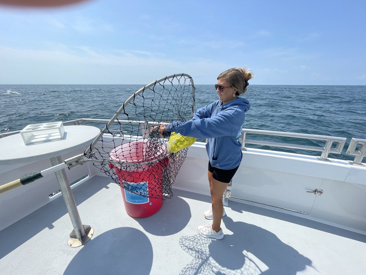 Morgyn Moxey, summer intern <a href="/RudeeTours1/">Rudee Tours</a> retrieves (&amp; disposes of) a mylar balloon on ⁦<a href="/DominionEnergy/">Dominion Energy</a>⁩ boat tour to the #CVOW turbines. The balloons threaten marine life &amp; intentional releases are unlawful in Va. BTW she’s studying Marine Science ⁦<a href="/CCUChanticleers/">Coastal Carolina University</a>⁩