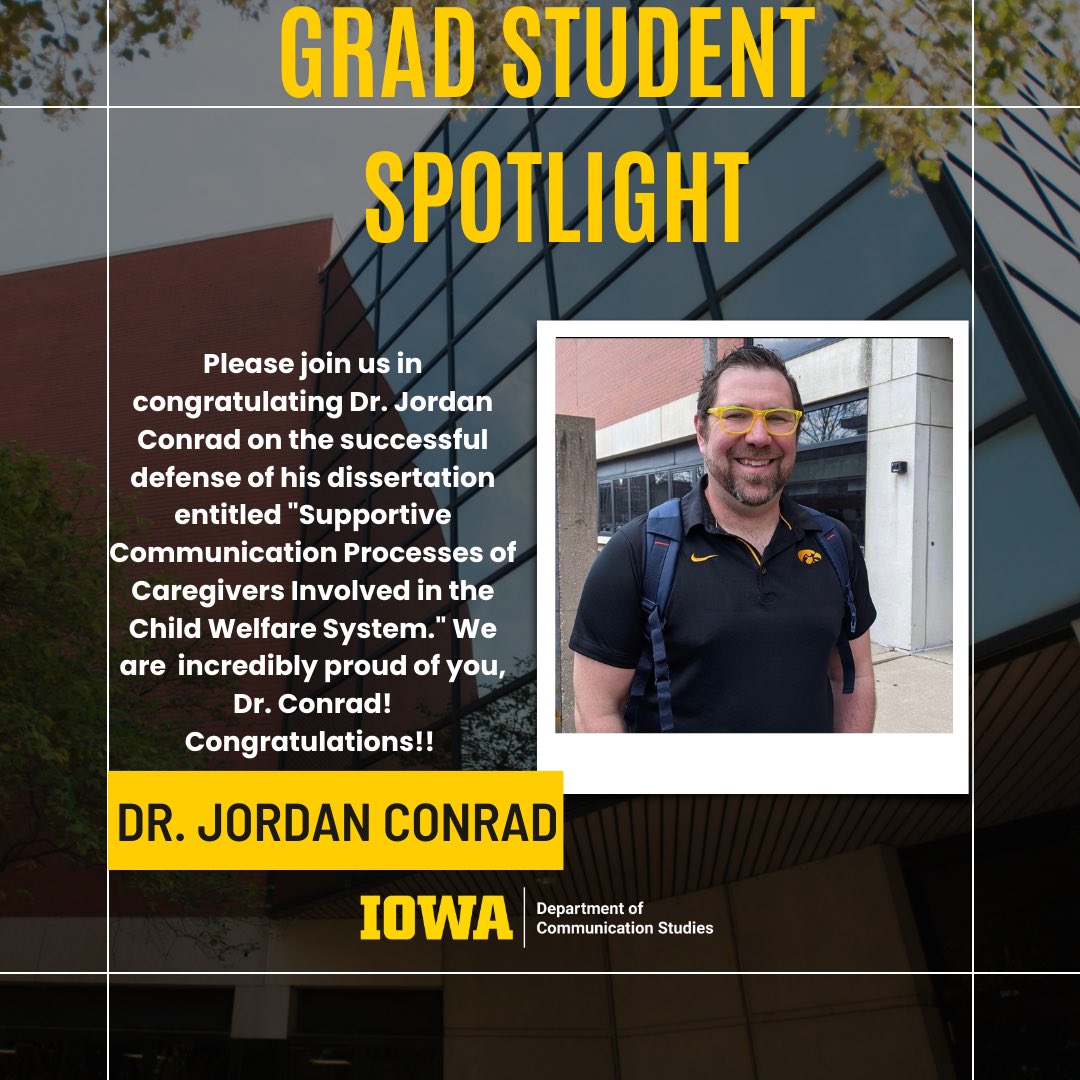UI_CommStudies's tweet image. Please join us in congratulating DOCTOR Jordan Conrad on the successful defense of his dissertation entitled “Supportive Communication Processes of Caregivers Involved in the Child Welfare System.” We are incredibly proud of him and all of his hard work! #ICR #InterpersonalComm