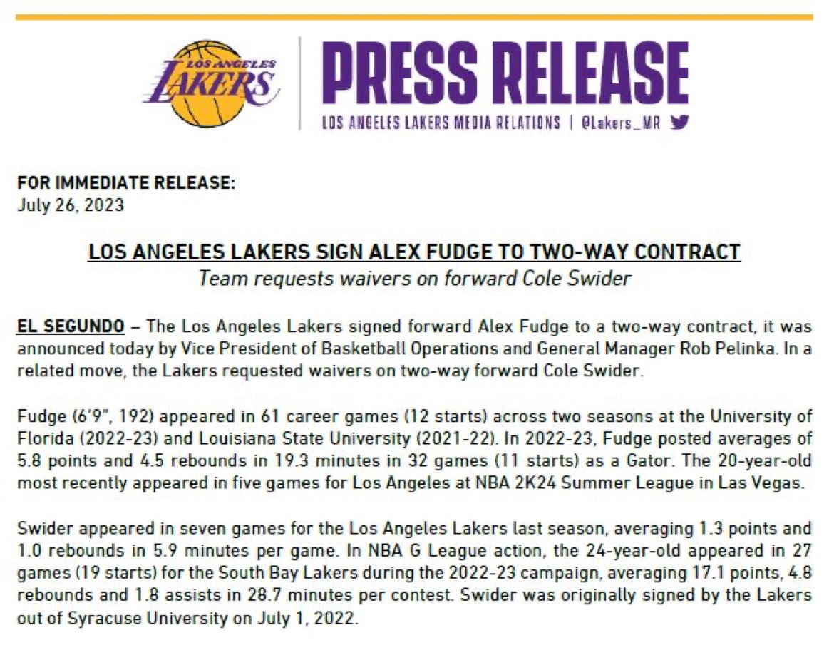 Lakers News: Cole Swider Waived, Opening Up Two-Way Roster Spot