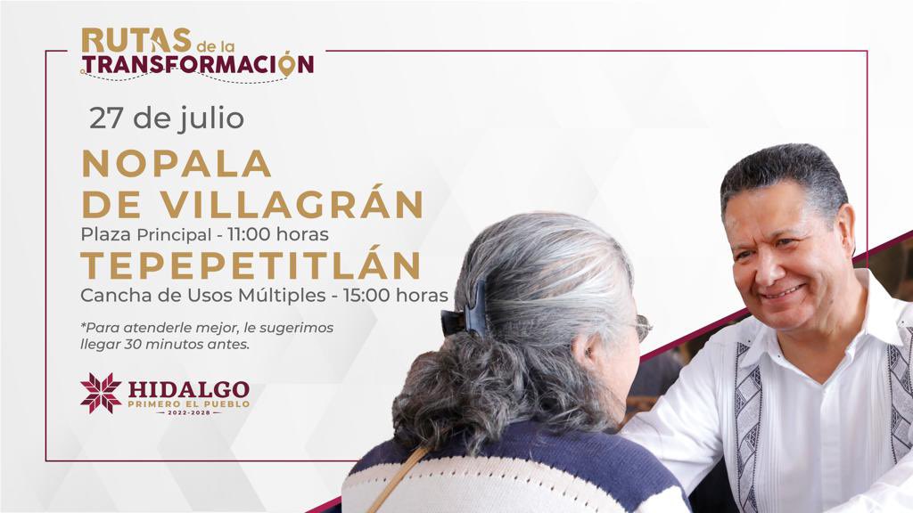 ¡Avanzamos con paso firme en Hidalgo con las #RutasDeLaTransformación!

Este 27 de julio te invitamos a sumarte a nuestra gira de trabajo, donde estamos generando un impacto real en nuestro estado.

📍 #NopalaDeVillagrán
⏰ 11:00 horas

📍 #Tepetitlán
⏰ 15:00 horas