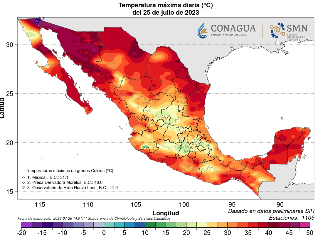RadarbcNoticias's tweet photo. #Verano | Este martes, la ciudad de Mexicali superó nuevamente los 51 grados centígrados y se ubicó como la más calidad del país; incluso las tres temperaturas más elevadas reportadas por el Servicio Meteorológico Nacional se ubicaron en esta ciudad.
#Calor #RadarBC https://t.co/iYi3OXG3kB