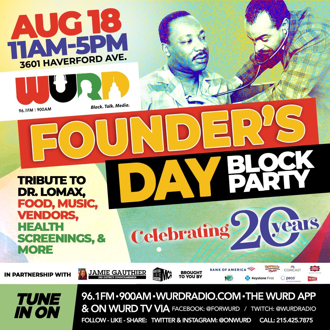 onwurd's tweet photo. #SaveTheDate: This year, #WURDFoundersDay is taking place on Friday, August 18! Come out to celebrate 20 years of bringing joy and power to the people and to honor the life and legacy of Walter P. Lomax Jr., M.D. Stay tuned for more details! 
#WURDFoundersDay 
❤️🖤💚💛 https://t.co/H3morW4MjE