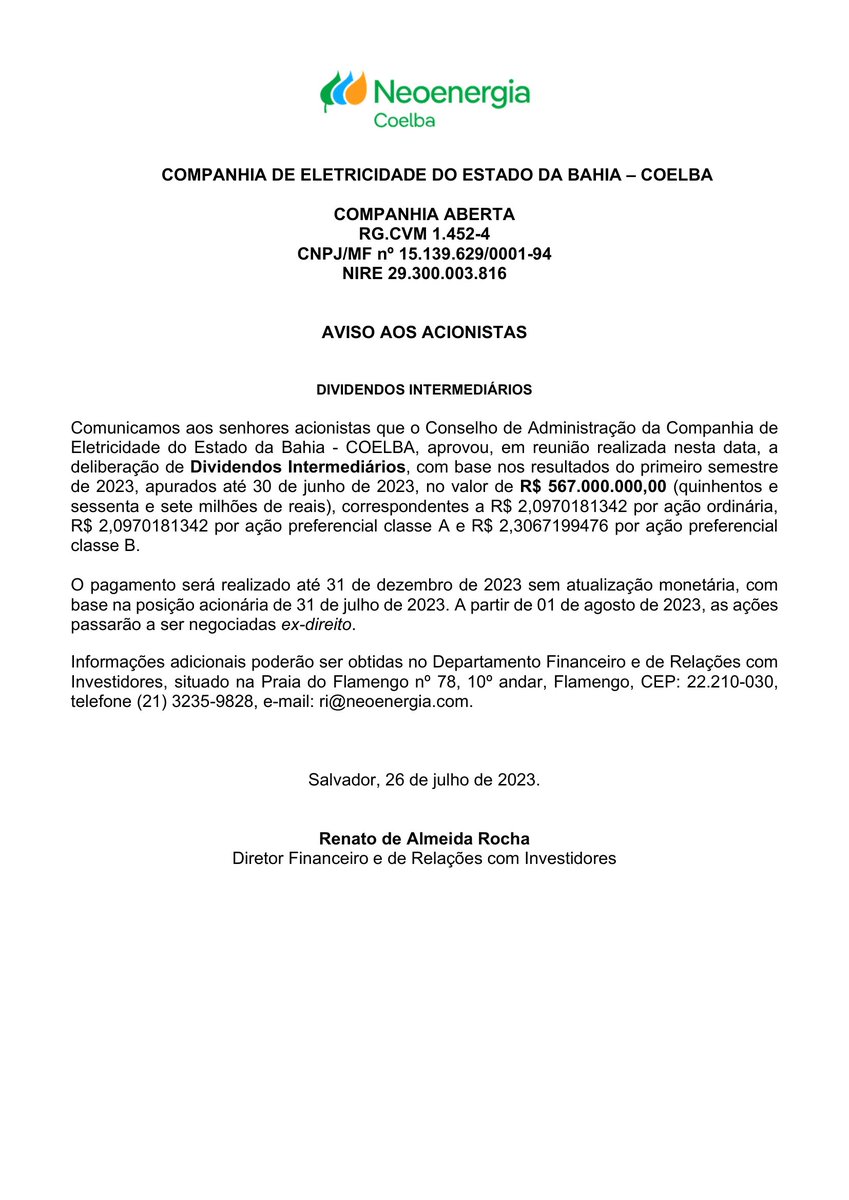 CalixtoCapital's tweet photo. #CEEB3 | COELBA | Aviso aos Acionistas https://t.co/Zq9z1wtyWZ