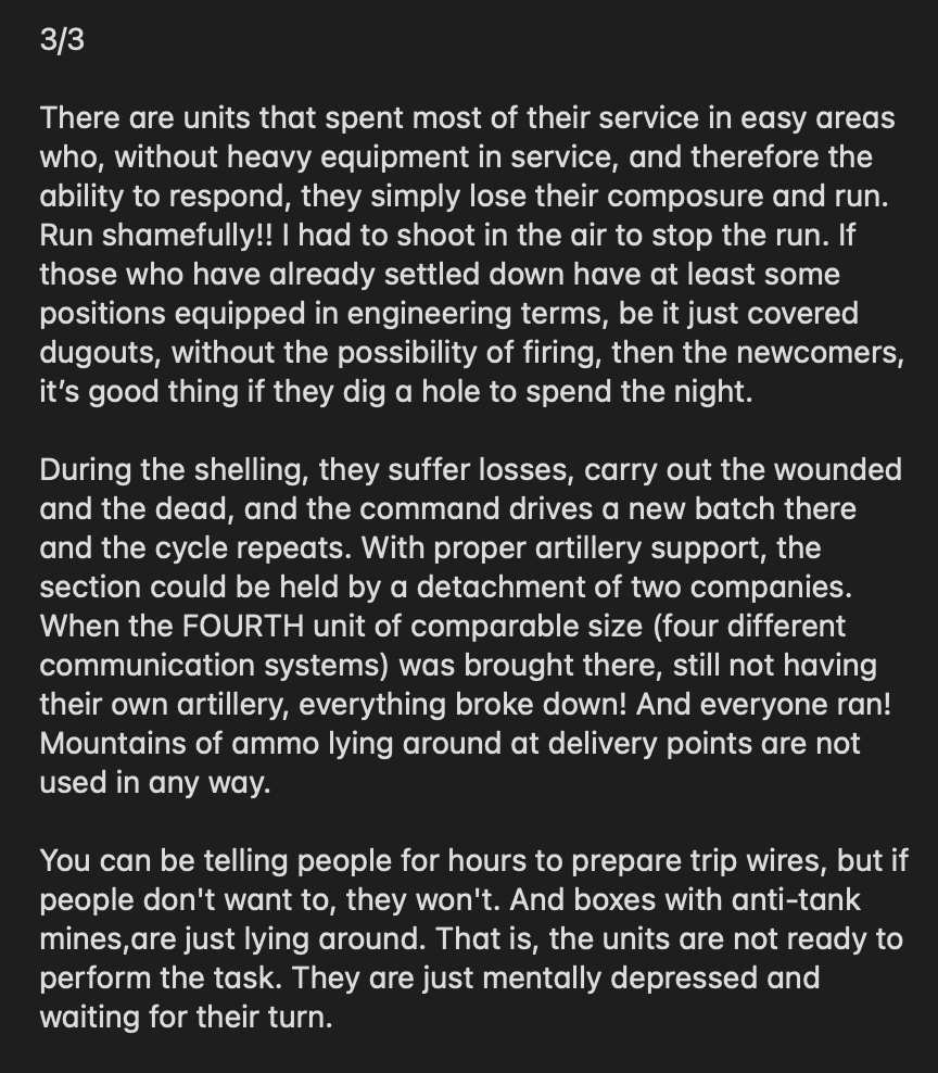 wartranslated's tweet photo. There's another interesting account from a Russian officer, sorry long post again, but he tells what led to Ukrainian success in Klischiivka, including Russia bringing up unprepared troops from various units into an area, describing them as disorganised. He also mentions relentless shelling and drone attacks. A long excerpt here but you can read even more by following the links:
https://t.co/XfNozcL5XZ
https://t.co/TrhdRosDCb