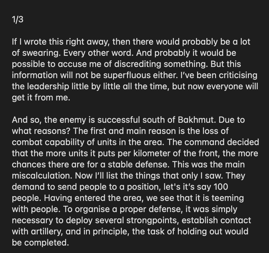wartranslated's tweet photo. There's another interesting account from a Russian officer, sorry long post again, but he tells what led to Ukrainian success in Klischiivka, including Russia bringing up unprepared troops from various units into an area, describing them as disorganised. He also mentions relentless shelling and drone attacks. A long excerpt here but you can read even more by following the links:
https://t.co/XfNozcL5XZ
https://t.co/TrhdRosDCb
