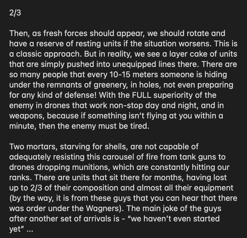 wartranslated's tweet photo. There's another interesting account from a Russian officer, sorry long post again, but he tells what led to Ukrainian success in Klischiivka, including Russia bringing up unprepared troops from various units into an area, describing them as disorganised. He also mentions relentless shelling and drone attacks. A long excerpt here but you can read even more by following the links:
https://t.co/XfNozcL5XZ
https://t.co/TrhdRosDCb