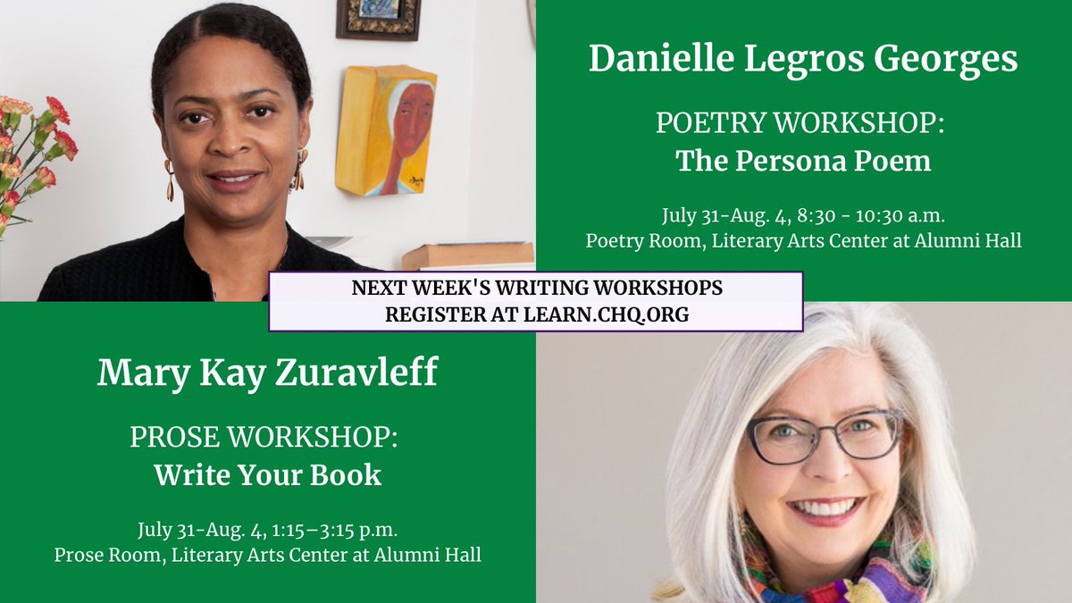 CHQLiteraryArts's tweet image. Learn how to write #personapoetry with poet Danielle Legros Georges and plan your book with novelist Mary Kay Zuravleff during next week&apos;s #CHQ2023 Writers&apos; Workshops. Register at learn.chq.org.