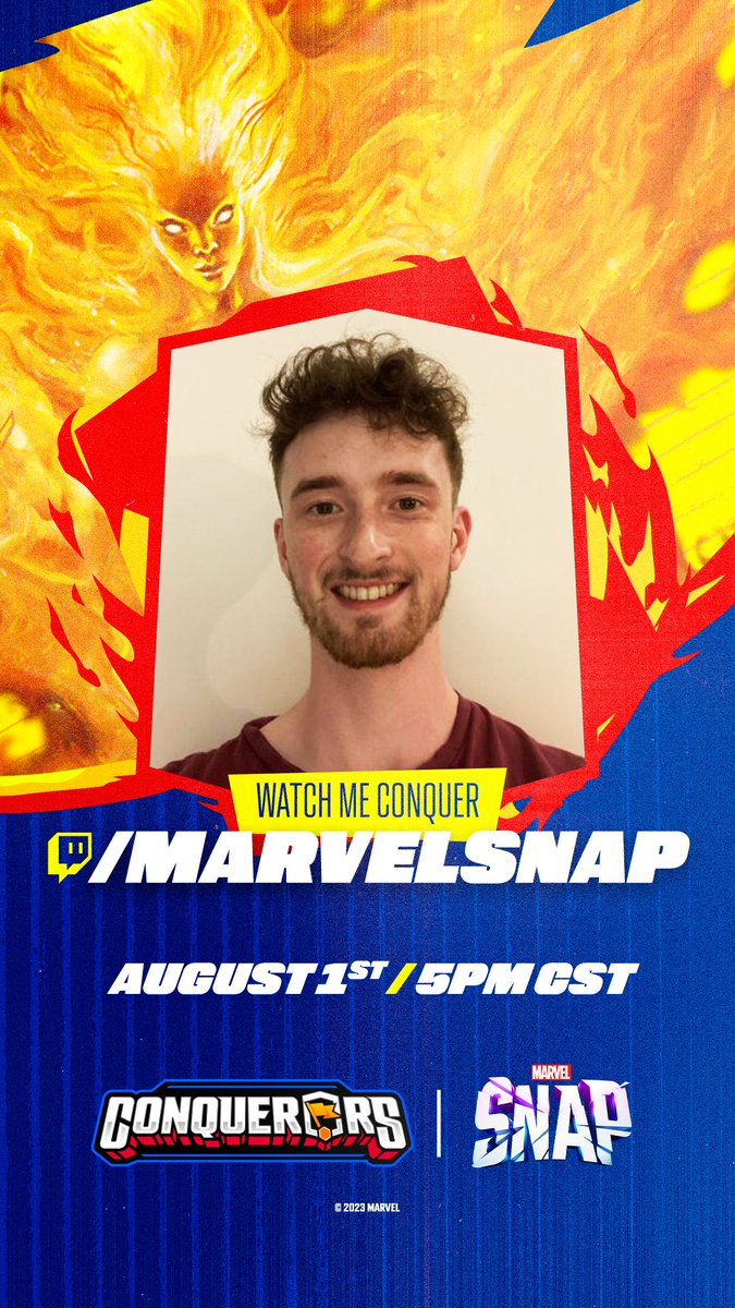 Excited to share I'll be playing in <a href="/MARVELSNAP/">MARVEL SNAP</a>: #CONQUERORS!

You can vote for me (or your favourite creator) to receive 250 Credits and a chance at a Spectrum Variant 🤩

Tune in on August 1st on the official MARVEL SNAP Twitch channel!

marvelsnap.com/conquerors?fro…

#Sponsored