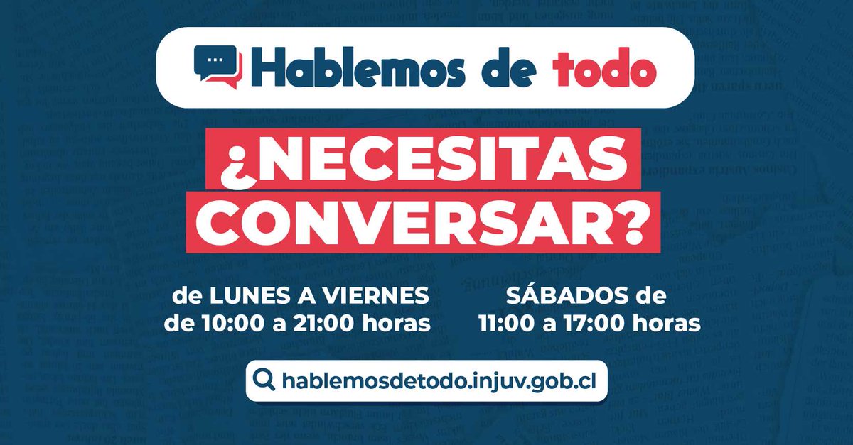 Las enfermedades de salud mental afectan mayormente a las juventudes y desde <a href="/InjuvChile/">INJUV Chile</a> contamos con una respuesta gratuita: el chat #HablemosDeTodo que entrega contención psicosocial a jóvenes de 15 a 29 años. Encuentra más información en 👉hablemosdetodo.injuv.gob.cl