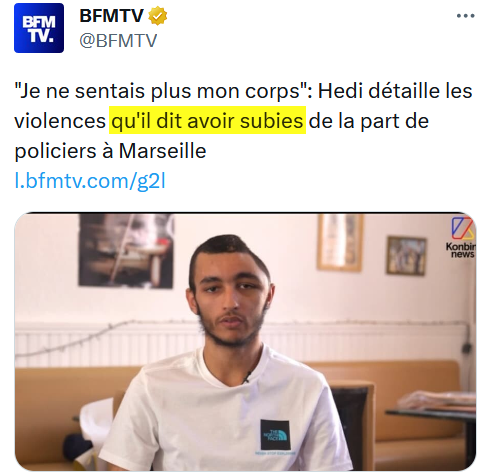 ContreAttaque_'s tweet photo. La tentative d'homicide et les actes de torture subis par Hedi ont été intégralement filmés. Face aux images, même les agents de la BAC ont reconnu leur participation.

Mais BFM titre "qu'il dit avoir subies".

Entre eux et Alliance, c'est le concours de la plus grosse ignominie. https://t.co/ggqG5gpdQE