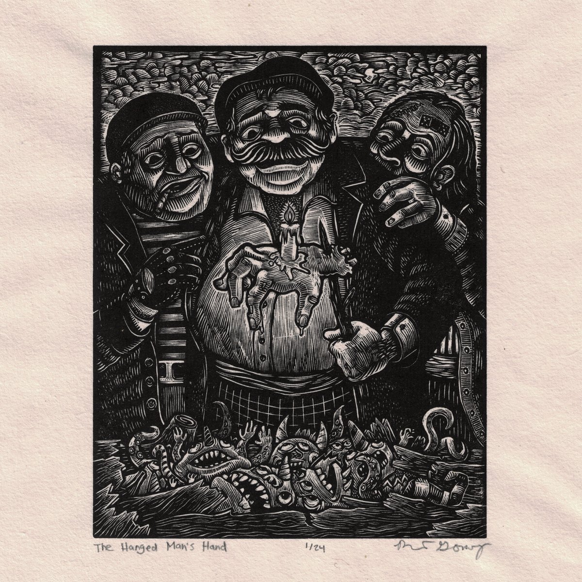 midwestgomez's tweet photo. "The Hanged Man's Hand" by Robert Gomez
Wood Engraving - 2023 - 5" x 4"
Buy the print: https://t.co/KAUA30dQJt

The mummified hand of a hanged criminal, combined with a candle of human fat, was thought to lead one to buried treasure.

#printmaking #woodengraving #etsy https://t.co/gRbLC1qrro