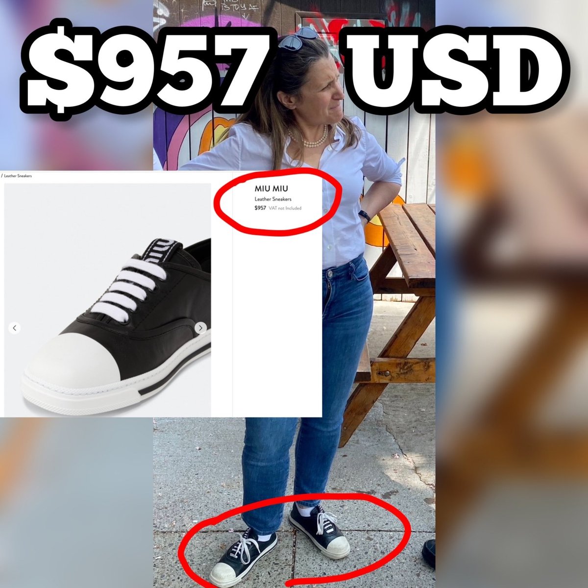 AreOhEssEyeEe's tweet image. Well this is nice...

While Canadians struggle to pay for gas, groceries and housing, Chrystia Freeland is walking around in $1000.00 running shoes.

Don't worry everyone, just cancel your Disney+ subscription.