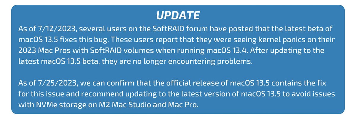 applechinfo's tweet photo. Apple、一部のRAIDストレージを接続すると「Mac Studio/Mac Pro (2023)」が起動しなくなる不具合をmacOS 13.5 Venturaで修正。 https://t.co/Xw10BUMgvC https://t.co/5JiN8PB1kz