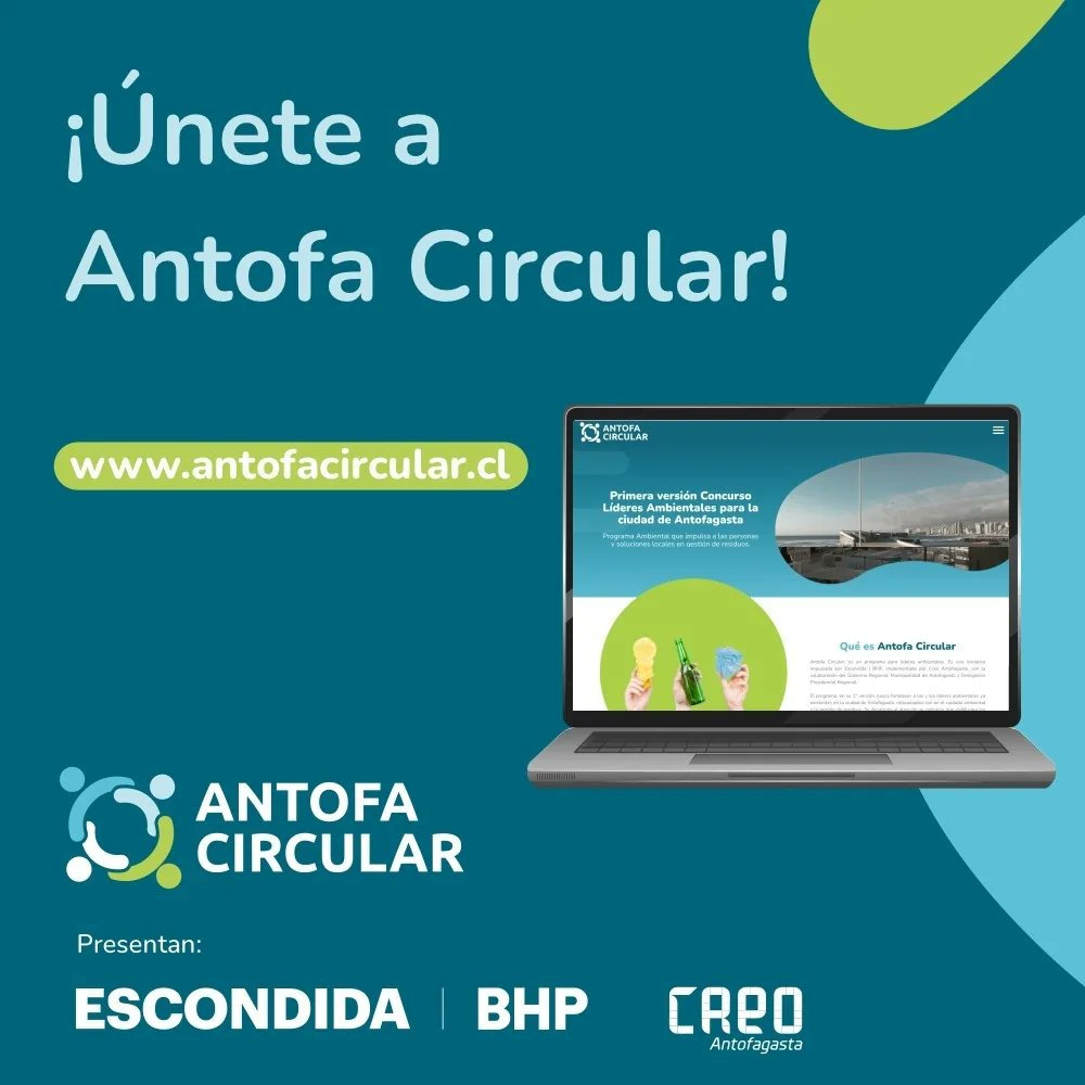 Queremos potenciar el talento local para contribuir a un futuro sostenible de la ciudad ♻️ #antofacircular, programa presentado por <a href="/bhp/">BHP</a> y <a href="/CreoAntofagasta/">Creo Antofagasta</a>, busca promover soluciones para minimizar los residuos de forma eficiente y sustentable🌍 Postula en antofacircular.cl
