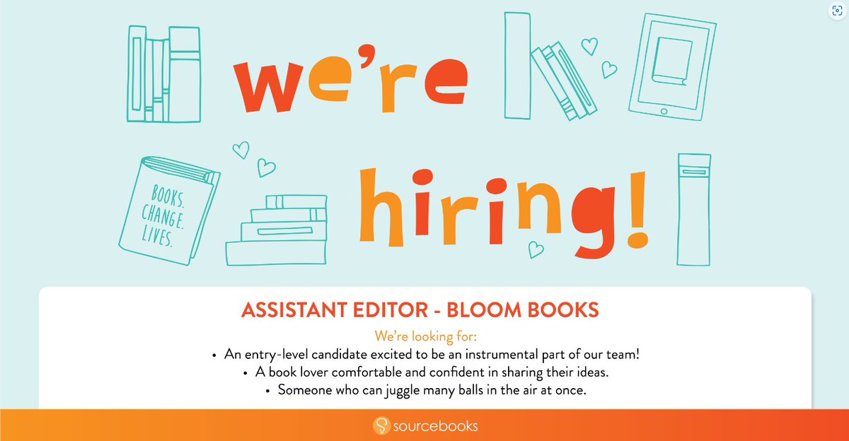 Sourcebooks's tweet image. 💕💗 Attention book-loving #romance editors💗💕

We are #hiring a passionate, growth-oriented Assistant Editor for Bloom Books!

👉Check out the full posting here:  lnkd.in/gueef6EE

#sourcebooks
#bookjobs
#publishingjobs 
#applytoday
#bookschangelives