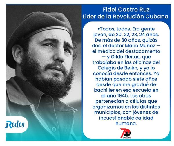 En este #70Moncada compartimos esta idea de nuestro Comandante en Jefe sobre los sucesos ocurridos en aquella mañana de la Santa Ana. #ConTodosLaVictoria #Cuba #UJC <a href="/DiazCanelB/">Miguel Díaz-Canel Bermúdez</a> <a href="/DrRobertoMOjeda/">Dr. Roberto Morales Ojeda</a> @aylinalvarezG <a href="/MeyvisEstevezE/">Meyvis Estevez Echevarría</a> <a href="/JuventudRebelde/">JuventudRebelde</a>