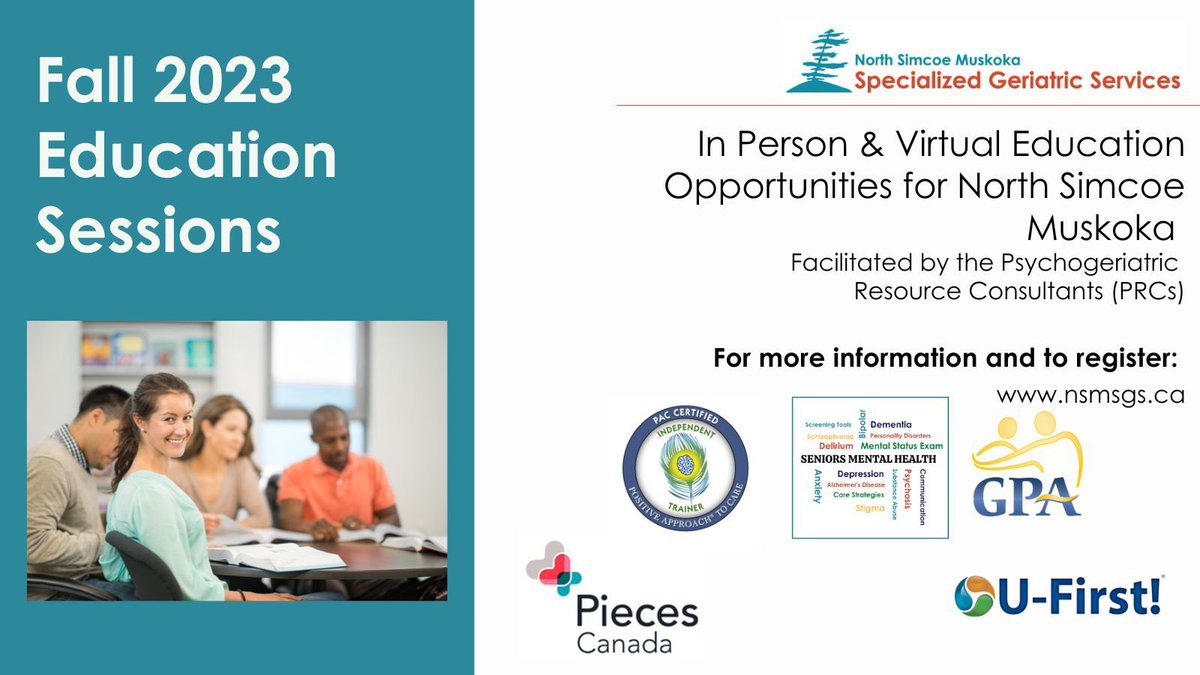 The Psychogeriatric Resource Consultant team has posted all of the fall #education sessions on the North Simcoe Muskoka Specialized Geriatric Services website.  

Please check out nsmsgs.ca for location, dates, times, and your opportunity to register!

#nsmsgs
