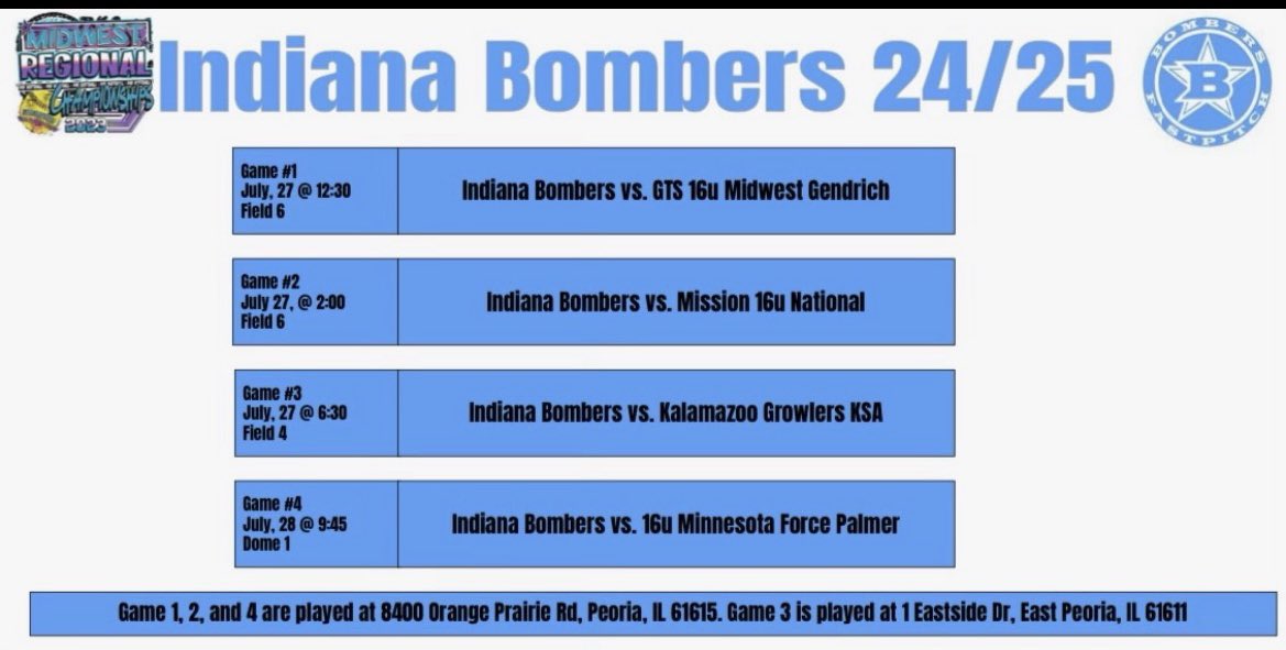 Last tournament of the summer. Can't wait to play with my <a href="/INBombers06/">Indiana Bombers 24/25 Gold</a> in Peoria, IL. <a href="/CMUSoftball/">CMU Softball</a> <a href="/McCallSalmon/">McCall Salmon</a> <a href="/BrittiniK24/">Brittini Merchant</a> <a href="/saradriesenga10/">Sara Driesenga</a>