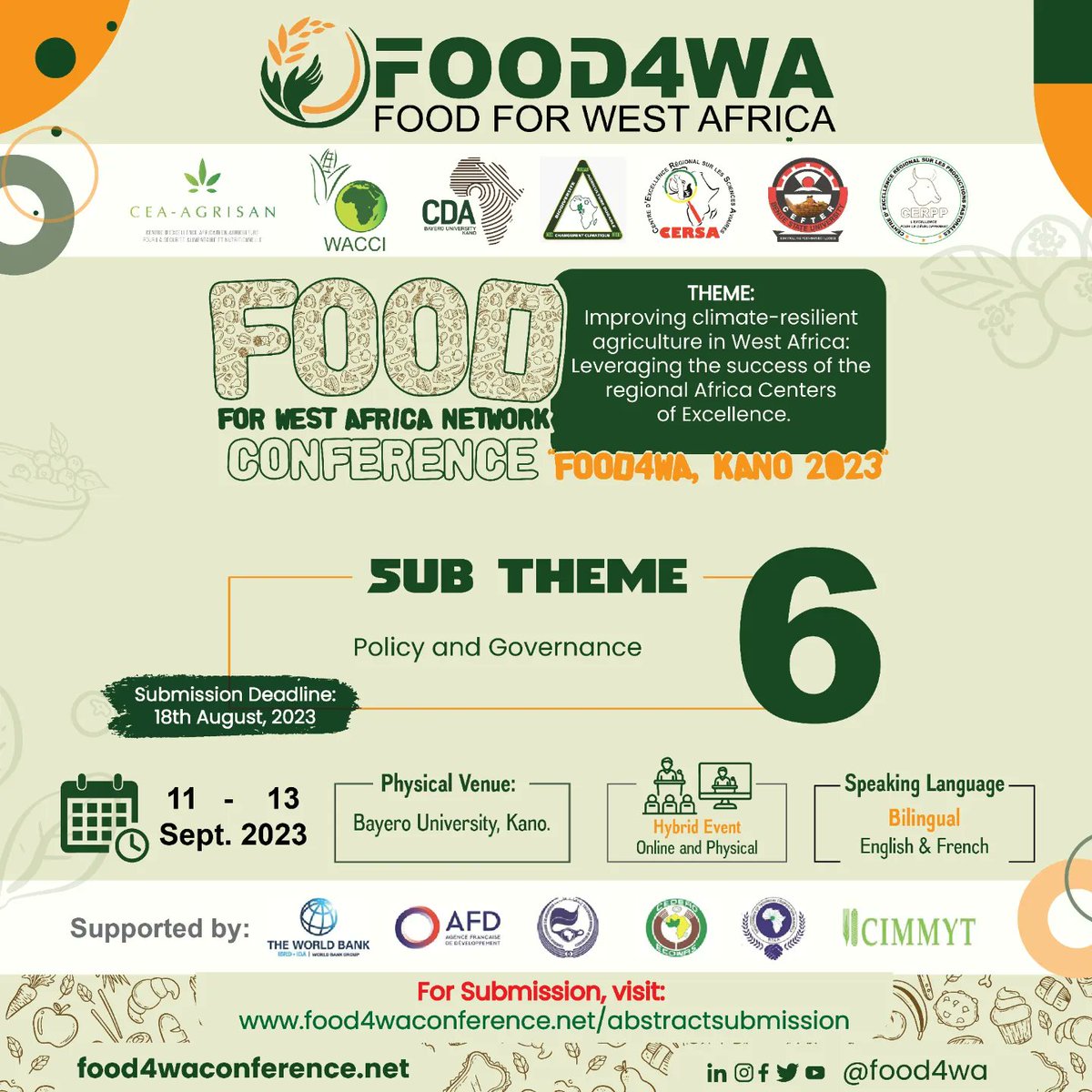 Food4wa's tweet photo. Join us, Register to participate as registration for both regular and students for early bird is open. 

Food4wa is FoodSecurity. 

#aceimpact #food4wa #sustainability  @unitednations @worldbank @agence_francaise_de_developpe @ecowas_parliament @cimmyt https://t.co/A6XFmSo2rB