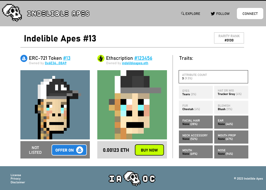 Devs focused now on the build of the Asset page on indelibleapes.com to showcase Ethscriptions side-by-side with their erc721 forefathers - allowing you to see the Metadata associated with your ape. Cooking.