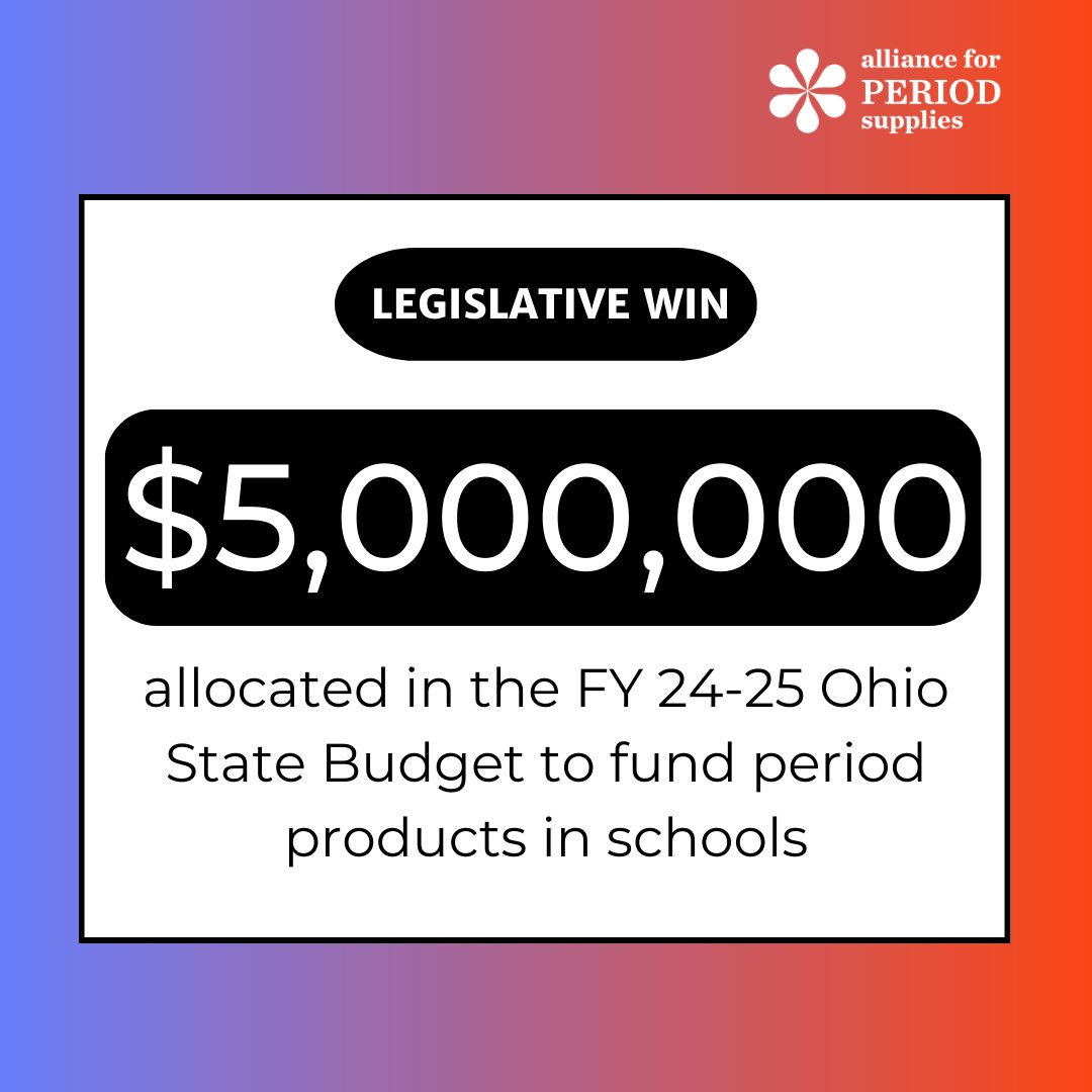 Great news from Ohio! The recently-passed Ohio State Budget includes $5 million in funding for period products in schools! In a step towards ending #PeriodPoverty for students, OH schools will receive funding over the next 2 years to support students with free menstrual supplies.