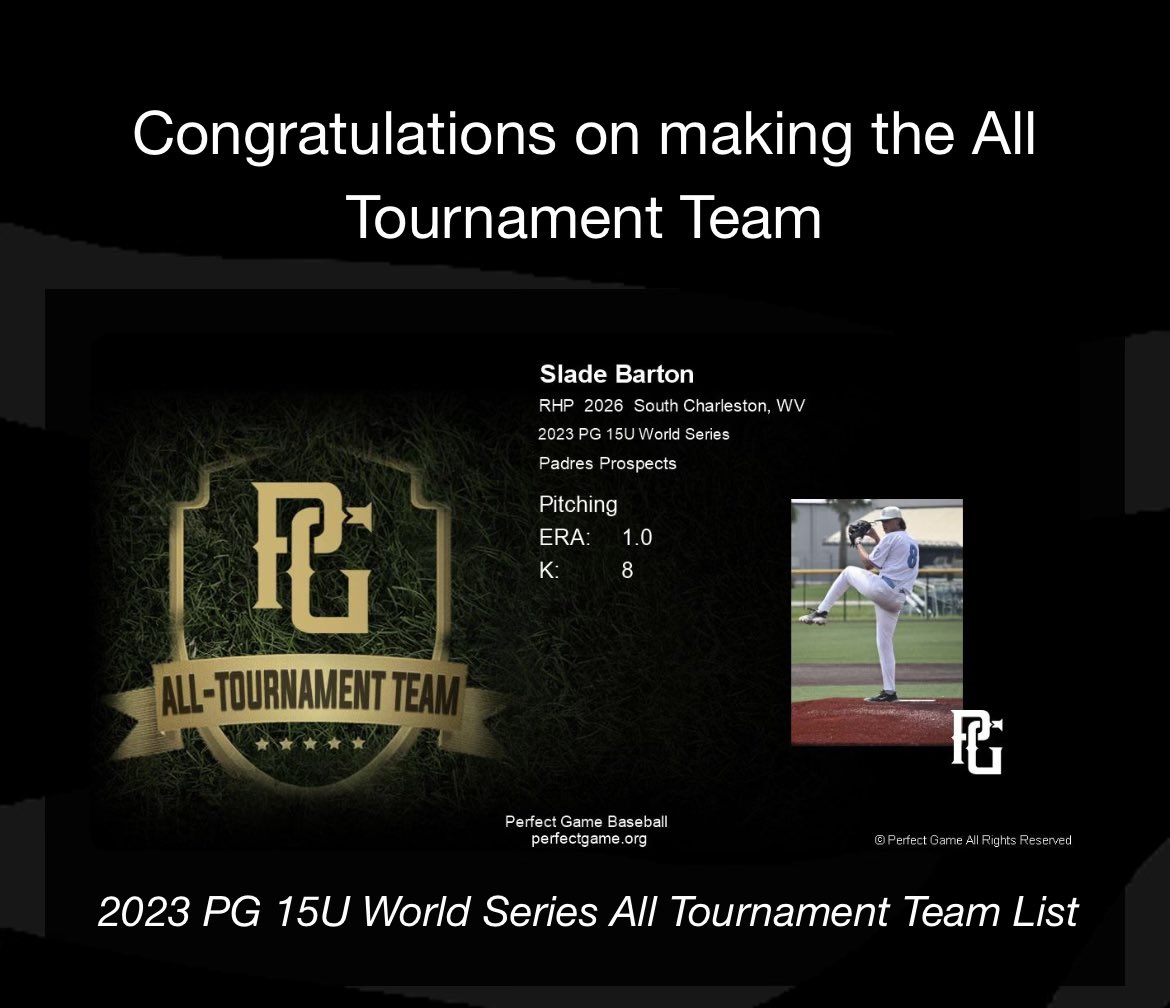Slade Barton (@sladebarton2026) on Twitter photo Although I still have work to do…this was nice recognition received by perfect game! Topped 85 mph this past weekend! <a href="/JustinSumner_3/">Justin Sumner</a> <a href="/CameronMaybin/">Cameron Maybin</a> <a href="/dveres43/">Dave Veres</a> Although I still have work to do…this was nice recognition received by perfect game! Topped 85 mph this past weekend! <a href="/JustinSumner_3/">Justin Sumner</a> <a href="/CameronMaybin/">Cameron Maybin</a> <a href="/dveres43/">Dave Veres</a>