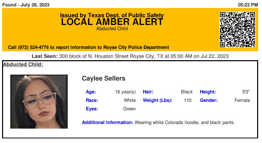 RT @TX_Alerts: DISCONTINUED AMBER ALERT for Caylee Sellers from Royse City, TX, on 07/25/2023. https://t.co/GU9YqEceON