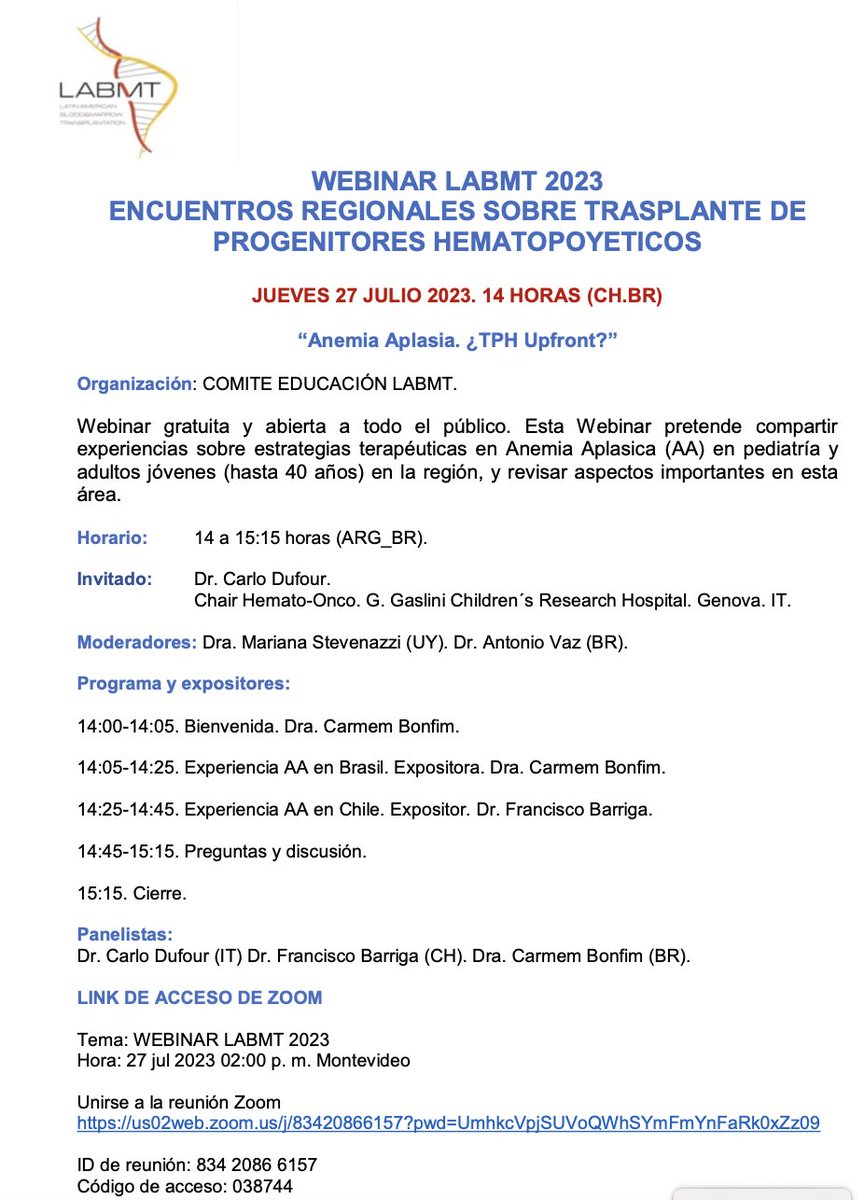 Carmem Bonfim (@carmembonfim1) on Twitter photo Thursday, July 27th, 2pm São Paulo's time we'll get together to discuss about aplastic anemia. This LABMT education committee webinar will be in English & everyone is welcome. Dr Carlo Dufour from the SAA-WP <a href="/TheEBMT/">The EBMT</a> will join us too!! this is the link : us02web.zoom.us/j/83420866157?… Thursday, July 27th, 2pm São Paulo's time we'll get together to discuss about aplastic anemia. This LABMT education committee webinar will be in English & everyone is welcome. Dr Carlo Dufour from the SAA-WP <a href="/TheEBMT/">The EBMT</a> will join us too!! this is the link : us02web.zoom.us/j/83420866157?…