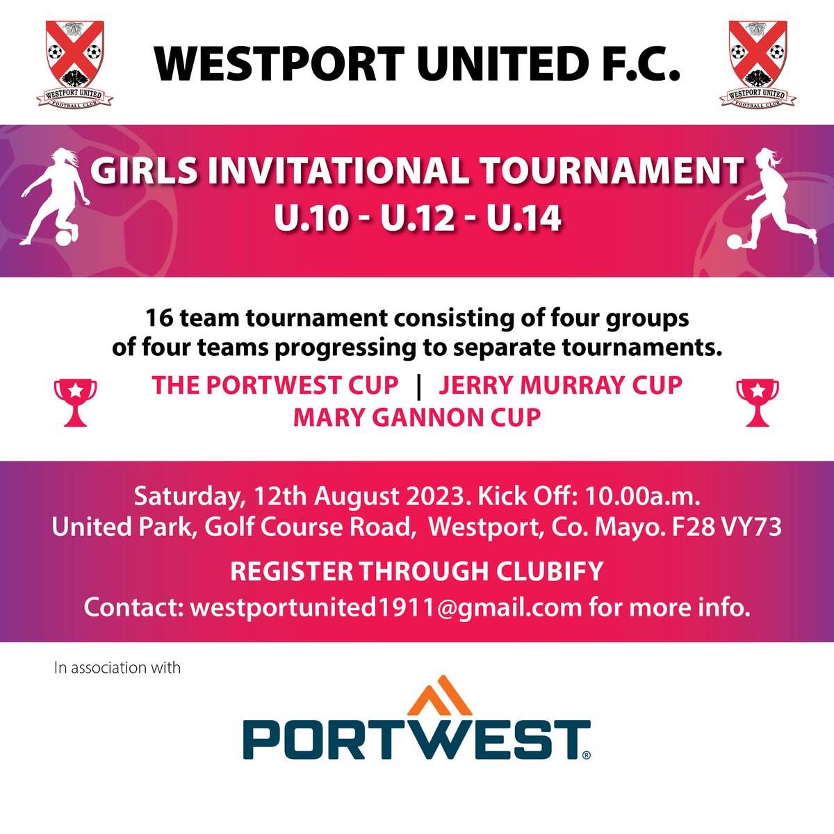 #MFL23 @WestportUtdAFC is delighted to announce that the 4th @PortwestIreland Westport United Girls Tournament will take place on Saturday 12th August at United Park, commencing at 10:00am. 🤩