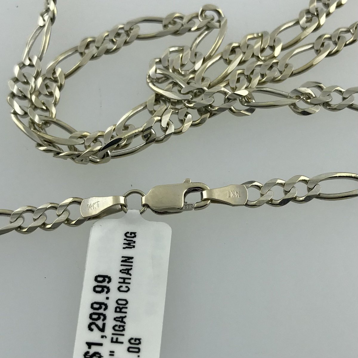 Available now! 24 inch white gold figaro chain! Weighs 14.0 grams and 4.25mm wide! Regularly priced at $1299.99 but currently 40% off! Yours for only $860 out the door! #pawnshop #oakland #sanfrancisco #pawnshopdeals #bestcollateral #gold #whitegold #figarochain #goldchain