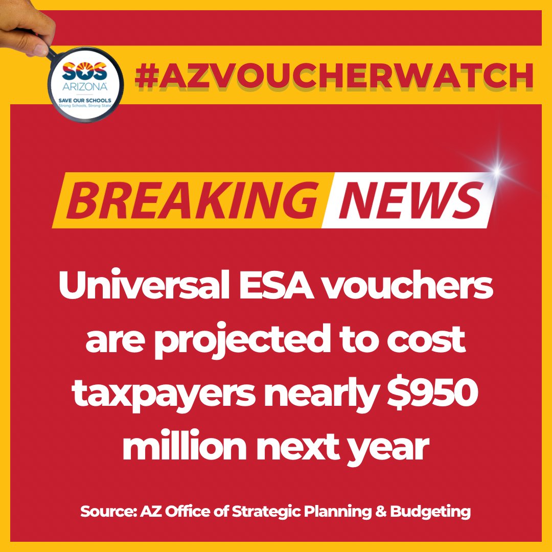 arizona_sos's tweet photo. 💥 NEW:  A memo released by Gov. Hobbs’ office settles the debate around whether school vouchers save AZ money once and for all — the cost of ESA vouchers will skyrocket to over $950M for 2024, meaning AZ will have a $320M budget shortfall.

🗞️ Read here: https://t.co/aEWEfOuVmX https://t.co/HWn7ZoKZIw